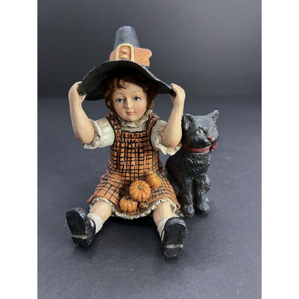 Bethany Lowe Halloween Witch Girl with Black Cat Primitive Figurine Decor